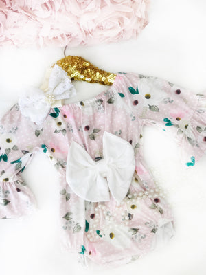 Kryssi Kouture Girls Maisie Pink Polka Dot Floral Bow Romper 2 Pc set