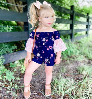 Kryssi Kouture Girls Navy & Dusty Rose Lace Bell Sleeve Romper