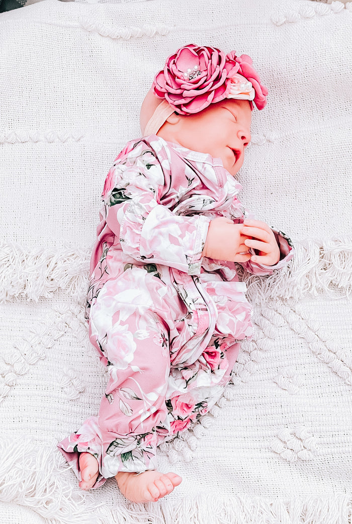 Sadie Vintage Dusty Floral Ruffle Zippie Jumpsuit/Sleeper