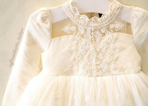 Kryssi Kouture Grace & Lace Girls Ivory Lace and Pearl Long Sleeve Tulle Dress, Fall - Ruffles & Bowties Bowtique