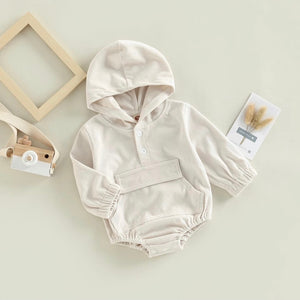White rib romper with Hood, pocket, and white buttons at neckline