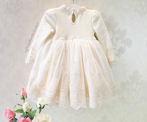 Kryssi Kouture Grace & Lace Girls Ivory Lace and Pearl Long Sleeve Tulle Dress, Fall - Ruffles & Bowties Bowtique